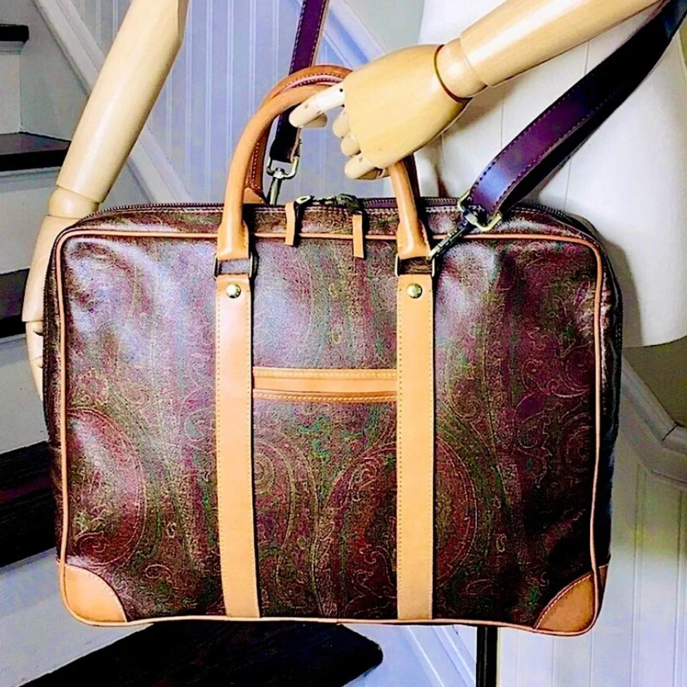 ETRO MILANO Red Paisley Coated Canvas Vachetta Top Handle Briefcase Laptop Bag
